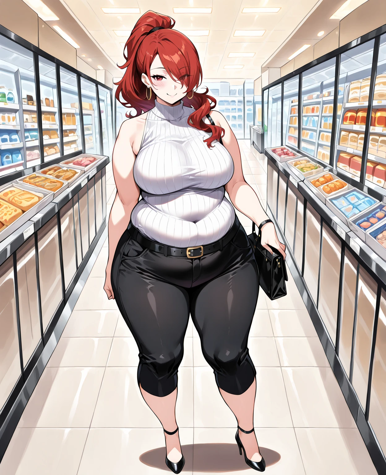 ((highres)), Masterpiece, high quality, best quality, beautiful, perfect lighting, detailed face, ultra cute face, cowboy shot, full body, ((1girl)), ((solo)), looking at viewer, skindentation, ((blushing)), shocked, embarrassed, short orange hair, green eyes, glasses, freckles, jeans, tank top, jacket, tight clothes, full body, grocery store, standing in a grocery store, hand on hip, medium breasts, perky breasts, cleavage, ((wide hips)), ((thick thighs)), chubby,
