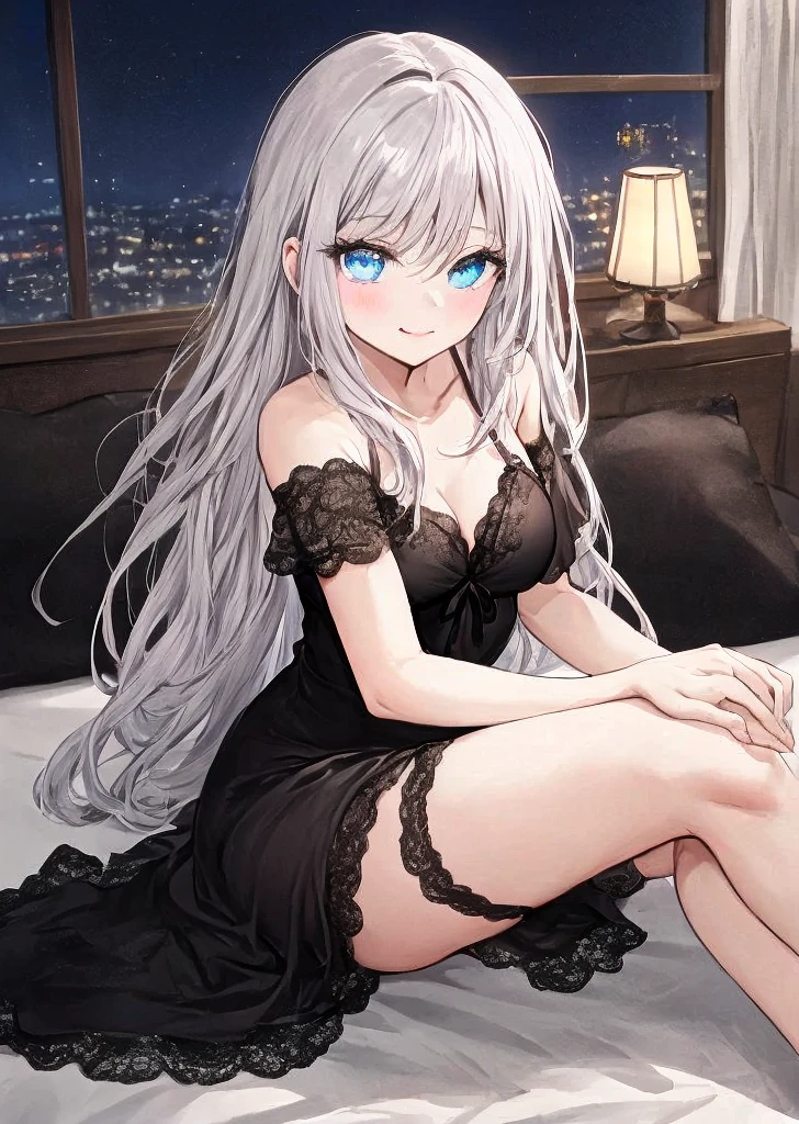 Irisviel,black sheer dress sleeveless,solo,looking at viewer,beautiful smile,arm at side,middle size of breast,beautiful necklace,lying in bed with her hands catch you 