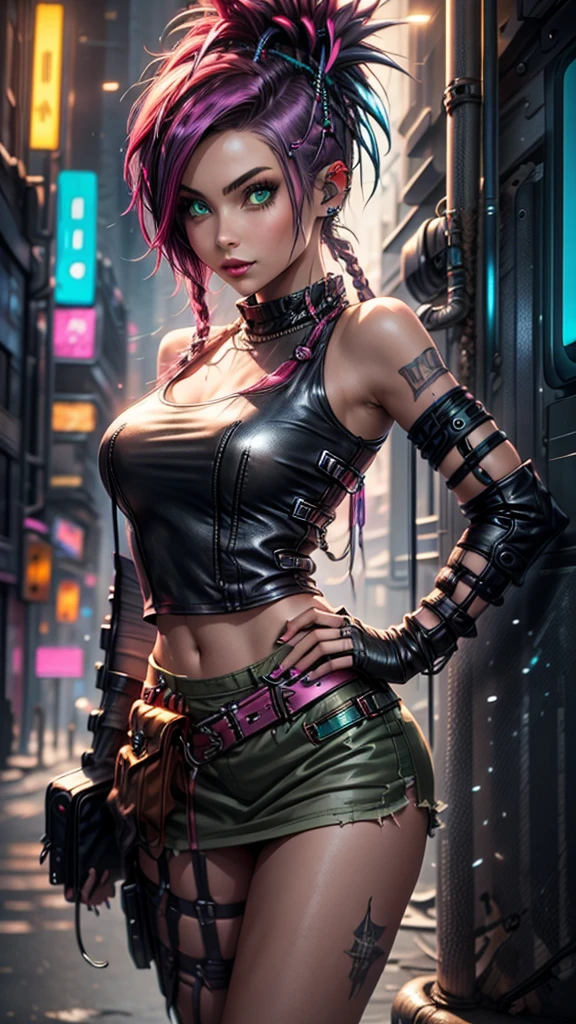 Ultra high resolution photograph of a South American Indian mixed race 35 year old woman, The womans clothing is a mixture of space cowboy style and South American native style, the womans hairstyle is a mohawk with shield maiden hairstyle and the sides of the head are tattooed, Hair color dyed, The womans pose is riding a Cerberus hellhound, Face depicted realistically and in detail, The body stature is tall with long legs and sensual curves and medium sized breasts, The mood of the photography is dark, Top is a sleeveless cowboy shirt with a wide waist belt, Legwear is a maxi leather skirt with etched Indian patterns and leather boots for women, Woman in her pose close to the camera