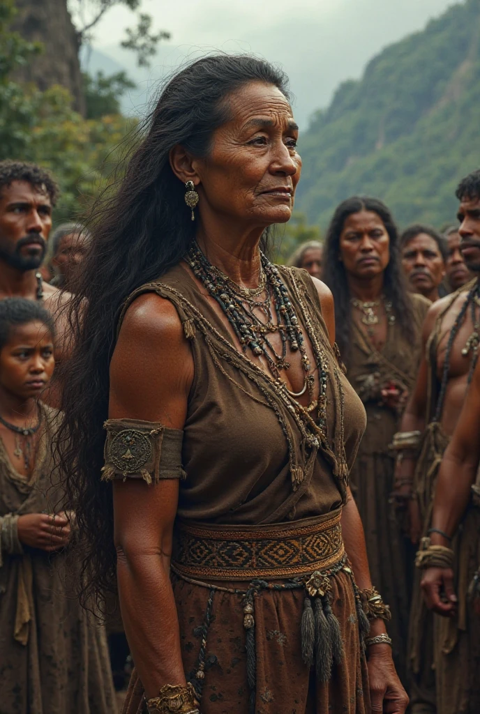 real photo, photorealistic, dark photo of a traditional inca female warrior, 60yo, sitting on stairs of stone, intricate hair detailes, in a city, sharp focus, high contrast, bokeh, insane realistic skin texture with pores, ((full body shot, full body portrait, full body view, focus on full body)),