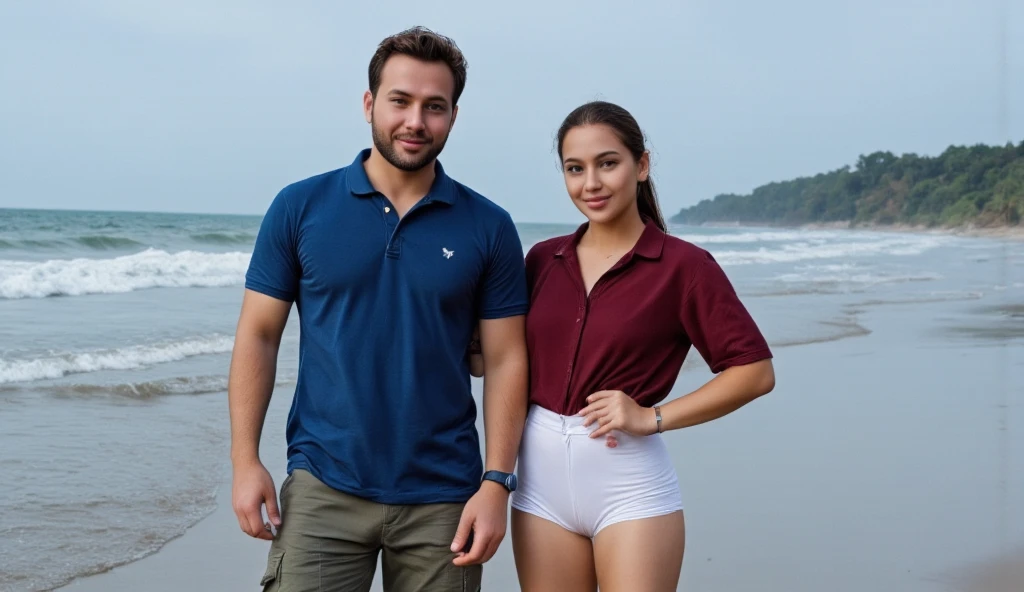 ((Handsome 35 year old caucasian man with desireable features and a voluptuous 25 year old caucasian woman with long wavy bright red hair sitting at a cafe table in Paris)), BREAK, (he has medium length light brown hair, faded sides, clean shave face, intriguing green eyes, athletic physique, seductive smile with confident expression, BREAK, blue polo shirt, BREAK, tan shorts), BREAK, (she is a goddess, wearing a tight orange shirt with a plunging neck line, blue shorts), bright outdoor lighting highlights their excellent features
