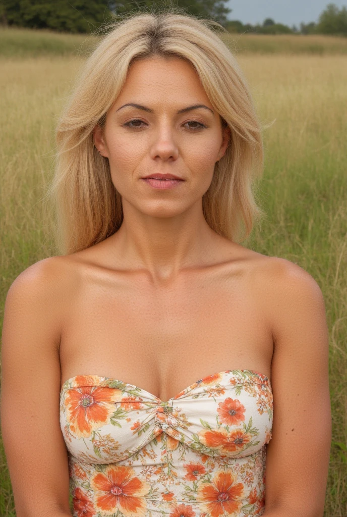 Tricia Helfer with red lipstick in a vineyard completely naked and smiling