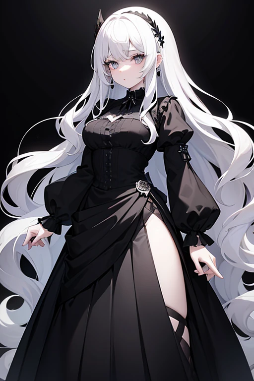 "Echidna from Re:Zero, white-haired witch, long flowing hair, wearing Yorha 2B's outfit from Nier: Automata, black gothic ta dress, elegant and mysterious, with a confident and serene expression."
