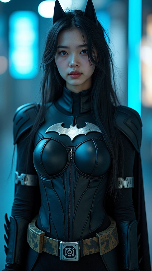 1 girl, light brown skin, blue eyes, shoulder length dark brown short hair, He wears a black mask, Black long sleeved shirt with long collar and Batman logo , black leather skinny pants, and black boots