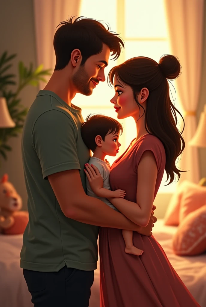 Animated couple young white-skinned brown-haired girl together with a one-year-old baby girl and her 40-year-old medium-dark-skinned boyfriend 