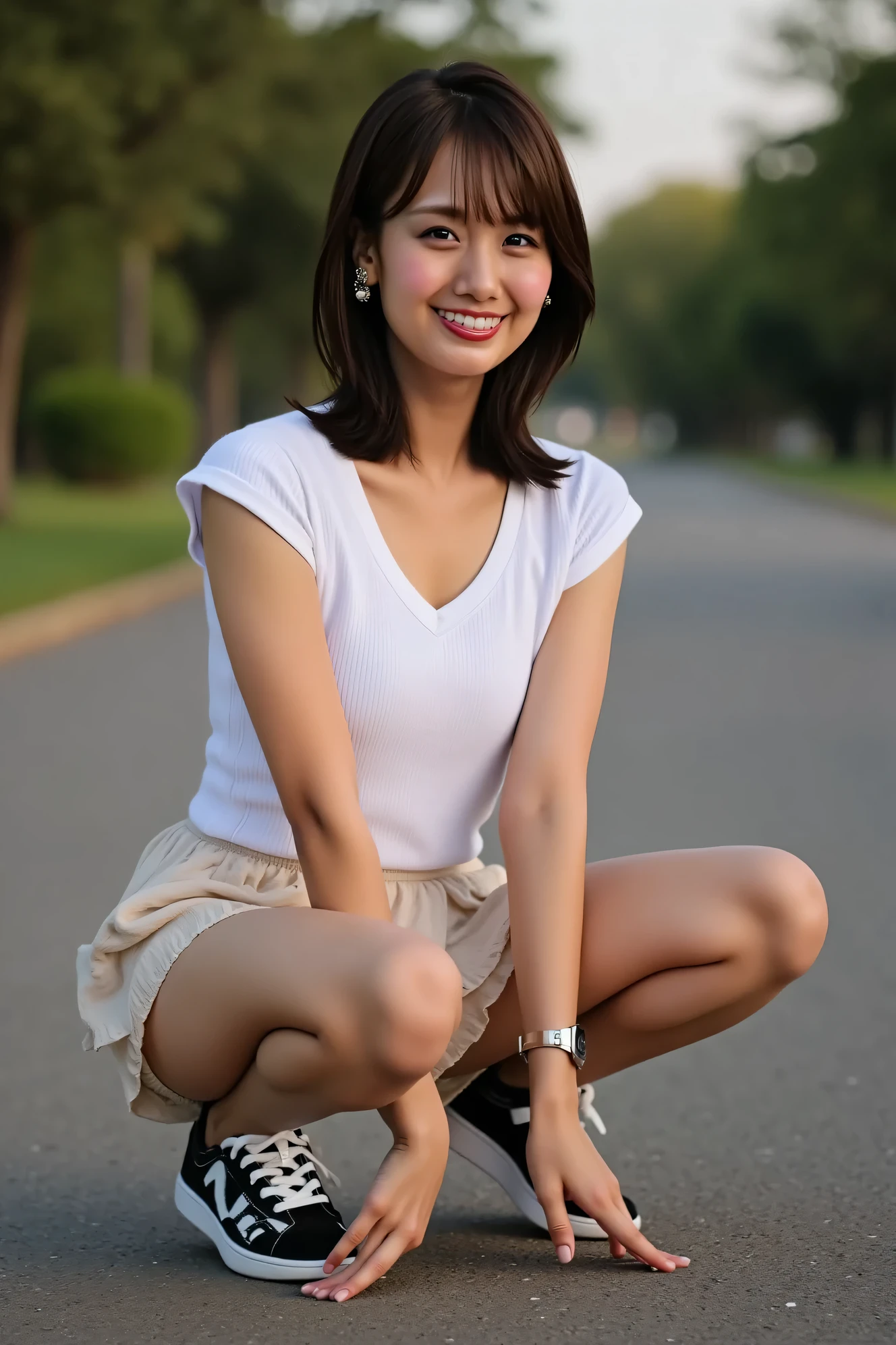 ((( High Resolution , top quality, very well detailed, masterpiece , highly detailed photos , realistic , Real people , Ultra precise skin ))) , , ( from the front ) , full body , Advance Shot , Viewer , ( giggle face ) , { wearing the sleeveless T-shirt and mini-skirt : 1.8 } , black hair , medium hair , medium breasts , { focus on the pubic area between the legs : 1.8 } , the dark hours of dawn , (( tuck hair behind the ear : 1.8)) , { nsfw , open legs ,squatting } , In the park