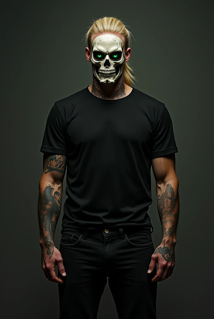 Tattooed white man with tattoo on his arms and chest, muscular straight black hair in a social cut blue eyes, wearing a black skull mask. He is wearing jeans with a bare chest