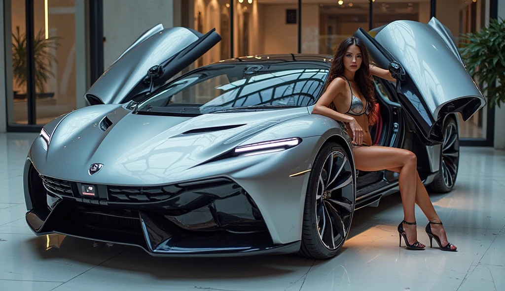 a beautiful girl in a tight dress posing next to a superdeportive car, hyper realistic, 8k, cinematic lighting, detailed facial features, photorealistic, volumetric lighting, dramatic shadows, highly detailed, intricate details, stunning, exquisite, flawless skin, elegant pose, impeccable fashion, glossy car paint, smooth metallic reflections, depth of field, cinematic framing
