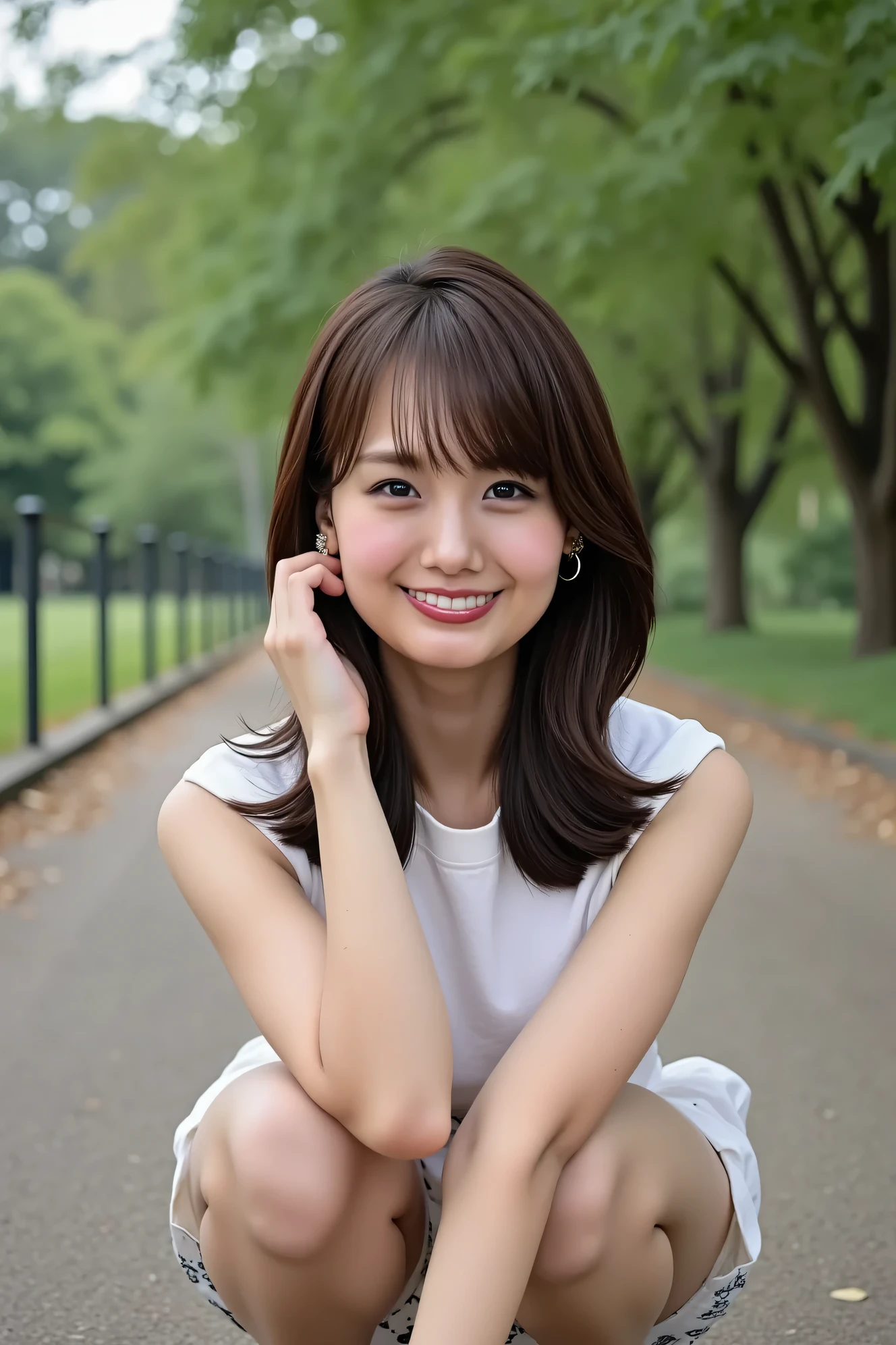 ((( High Resolution , top quality, very well detailed, masterpiece , highly detailed photos , realistic , Real people , Ultra precise skin ))) , , ( from the front ) , full body , Advance Shot , Viewer , ( giggle face ) , { wearing the sleeveless T-shirt and mini-skirt : 1.8 } , black hair , medium hair , medium breasts , { focus on the pubic area between the legs : 1.8 } , the dark hours of dawn , (( tuck hair behind the ear : 1.8)) , { nsfw , open legs ,squatting } , In the park