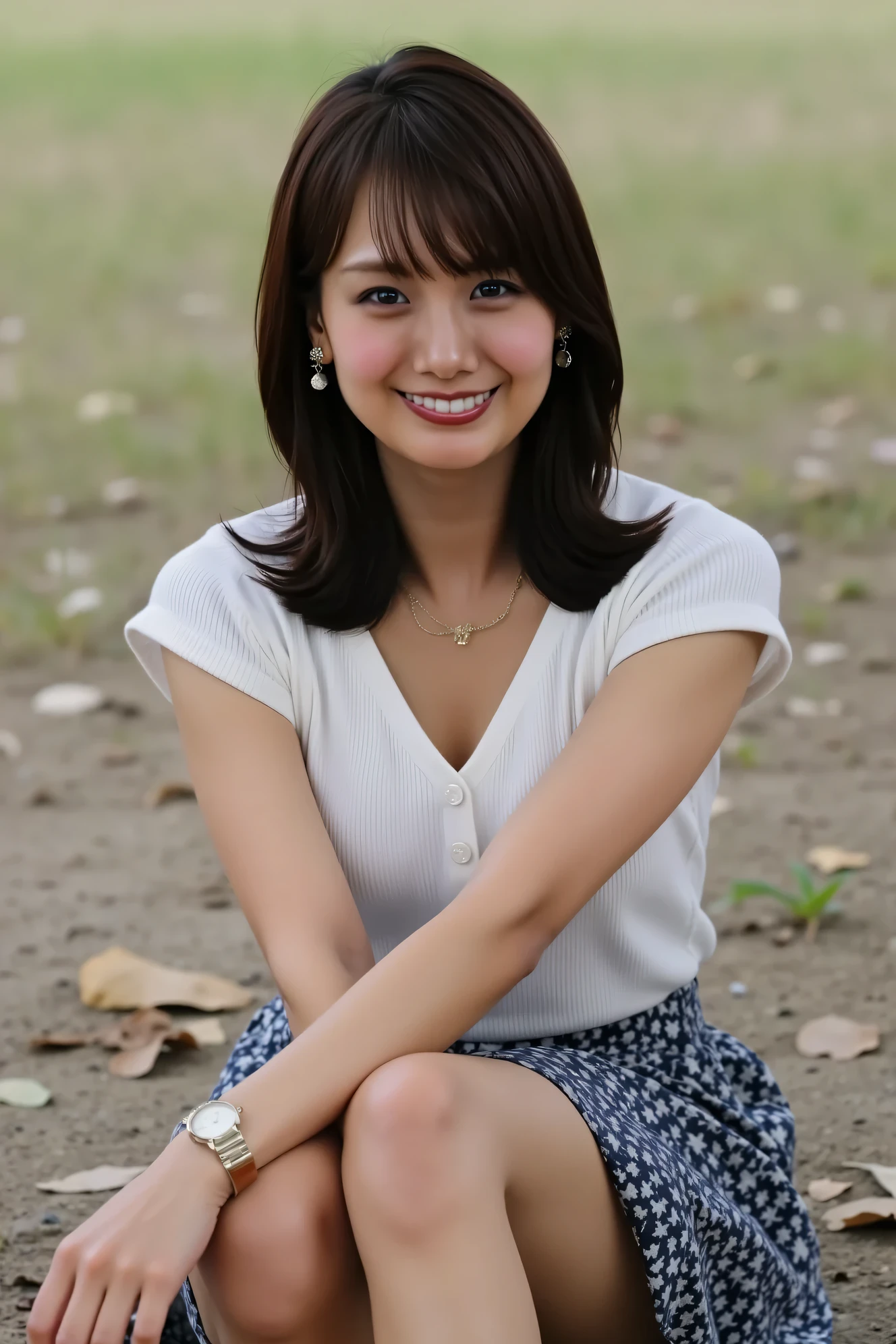 ((( High Resolution , top quality, very well detailed, masterpiece , highly detailed photos , realistic , Real people , Ultra precise skin ))) , , ( from the front ) , full body , Advance Shot , Viewer , ( giggle face ) , { wearing the sleeveless T-shirt and mini-skirt : 1.8 } , black hair , medium hair , medium breasts , { focus on the pubic area between the legs : 1.8 } , the dark hours of dawn , (( tuck hair behind the ear : 1.8)) , { nsfw , open legs ,squatting } , In the park