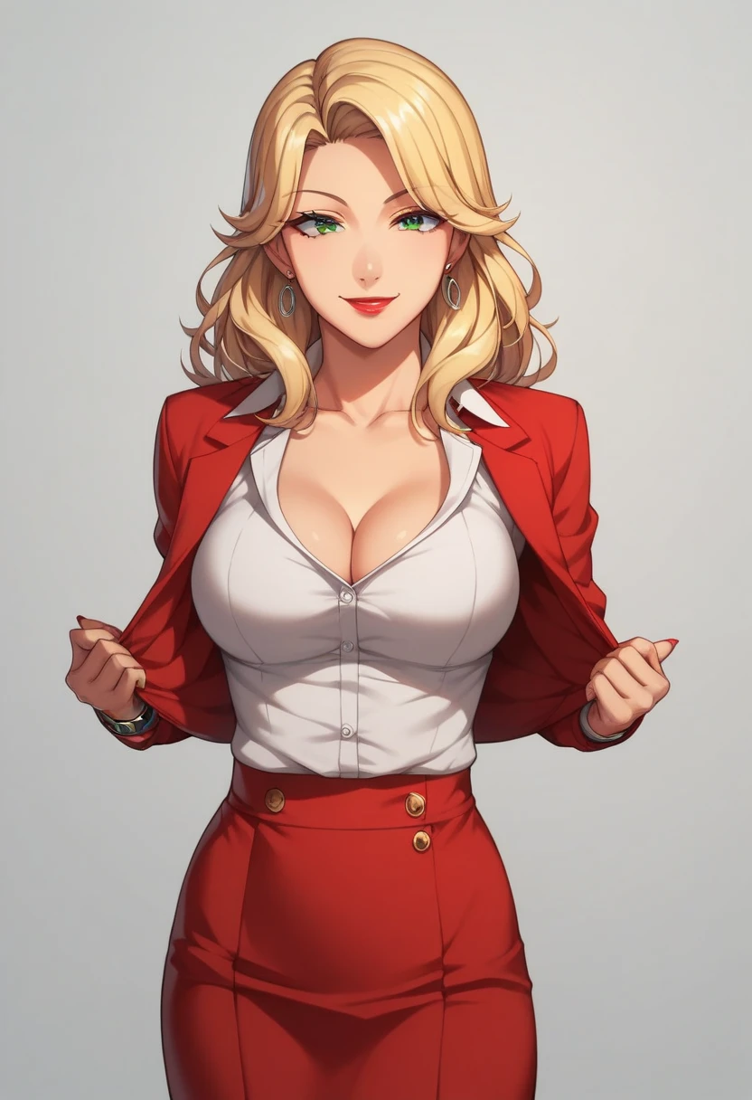 white silk shirt, deep v neck, business suit, red lace bra, pencil skirt, Natalie Dormer