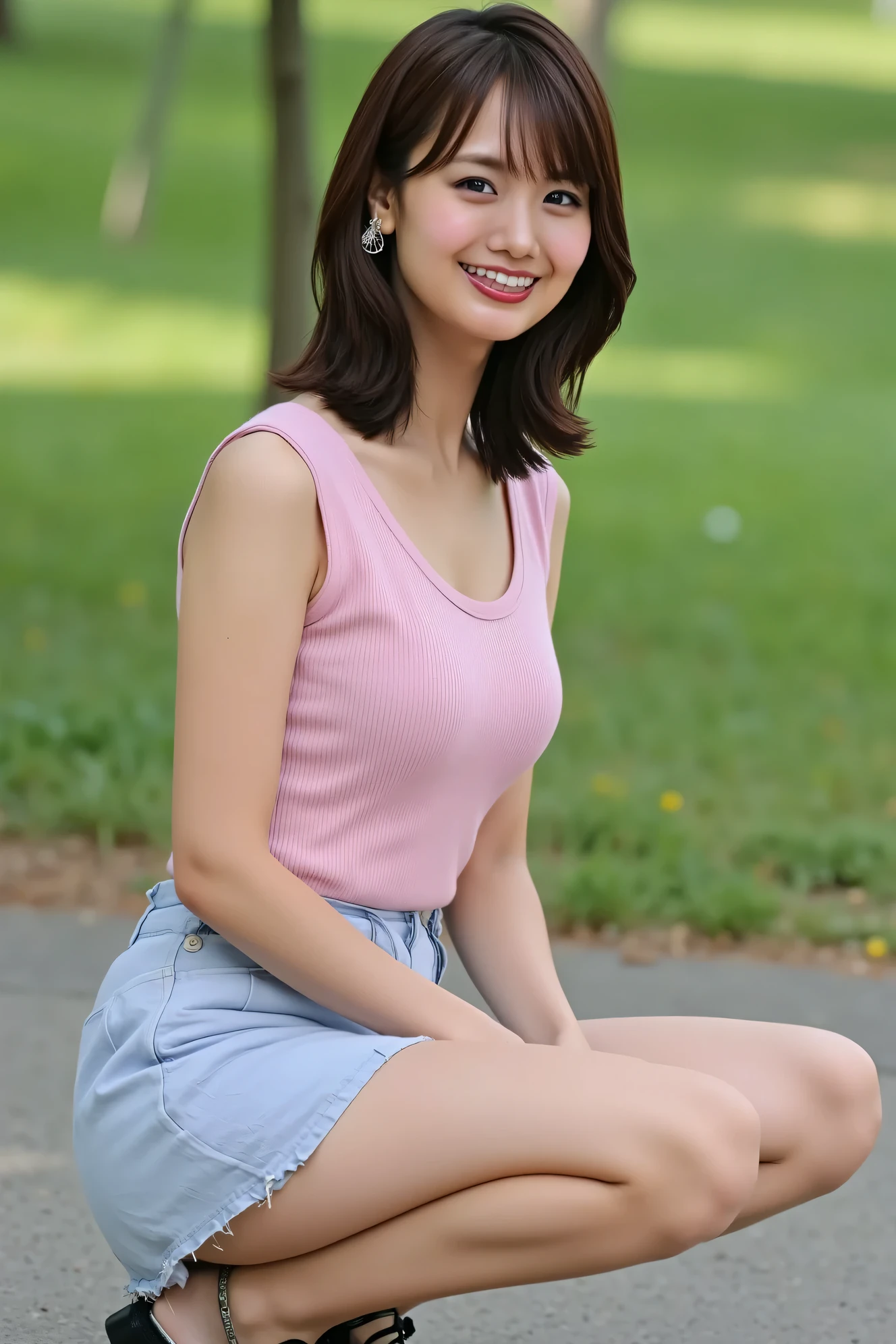((( High Resolution , top quality, very well detailed, masterpiece , highly detailed photos , realistic , Real people , Ultra precise skin ))) , , ( from the front ) , full body , Advance Shot , Viewer , ( giggle face ) , { wearing the sleeveless T-shirt and mini-skirt : 1.8 } , black hair , medium hair , medium breasts , { focus on the pubic area between the legs : 1.8 } , the dark hours of dawn , (( tuck hair behind the ear : 1.8)) , { nsfw , open legs ,squatting } , In the park