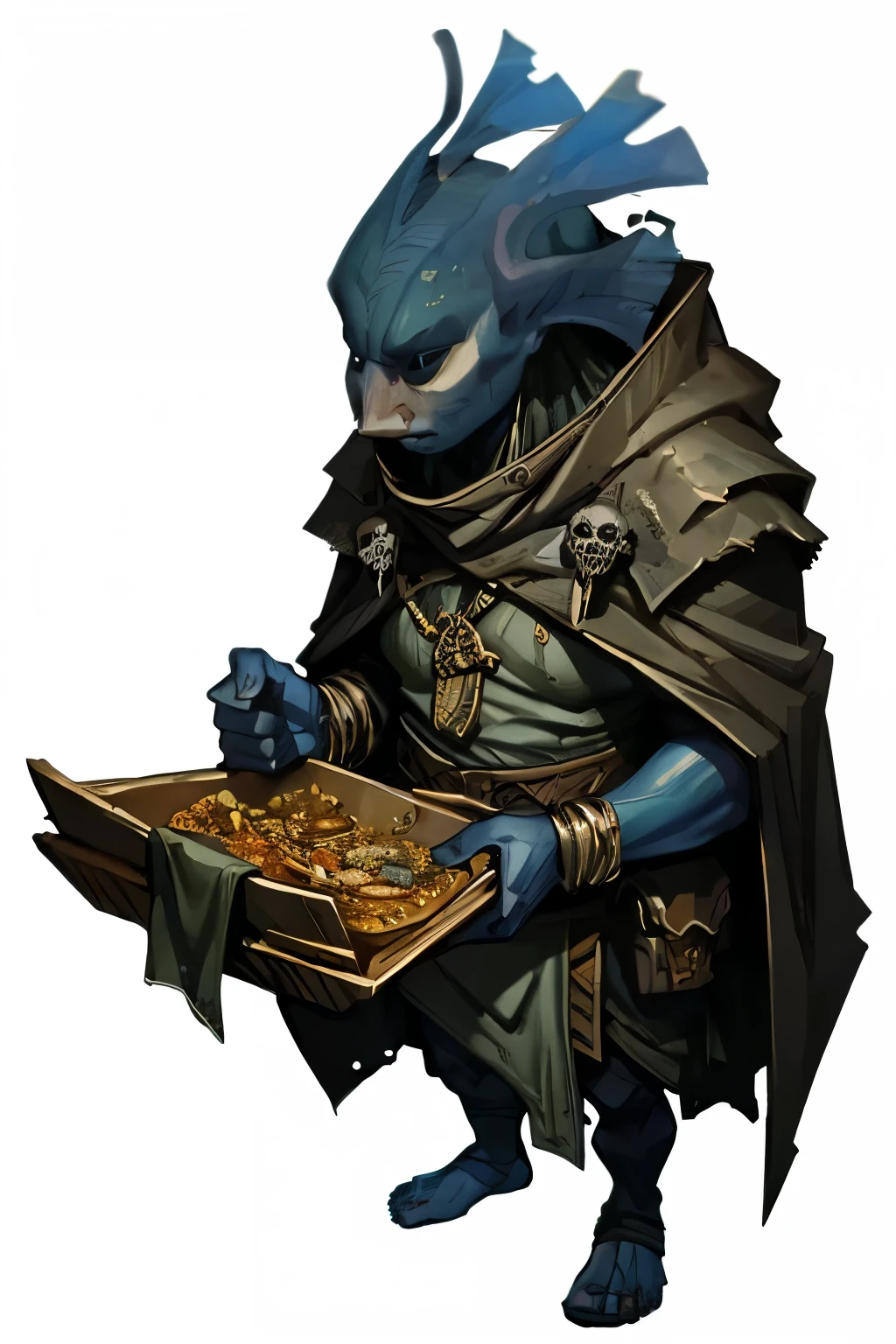 (full body image, forbidden to cut or not show from head to toe, PNG format , transparent background, white background, theme skull, rpg) &&&&& (High quality, masterpiece) &&&&& The Splendianos are a humanoid race inspired by Betta Splendens, with characteristics that recall elegant vibrant colors and shapes. With shiny scales and fins that resemble wavy cloaks, they are proud and territorial beings, but with a paradoxically loving and subservient nature when in society.

Originating from the depths of crystalline lakes and deep rivers, the Splendians usually leave their aquatic habitat to temporarily inhabit human homes. Despite their nature Reclusive and slightly enigmatic, they volunteer to serve, without discriminating or judging the humans with whom they interact. This characteristic makes them appear at unexpected moments, where they cook, they clean, they wash and tidy up deeply with an impressive dedication.

An interesting fact about the Splendianos is their peculiar habit of discreetly stealing silverware and small objects from the house where they are serving, which they consider “sacred objects”. Even though their actions may seem malicious, they don't do it out of malice, but out of a deep sense of reverence.  For them , these items are signs of their relationships and the environment they inhabit, maintaining a connection With the human world to which they dedicated themselves for brief moments.

Despite their kind and subservient nature, the Splendians can become fiercely hostile when confronted or when someone tries to take their “sacred objects”. In these situations, they defend the property of their hosts against any invader with the same intensity that they dedicate to the service. Their presence is always temporary, because they never remain more than 24 hours on a property before returning to the sea or river from which they came. They rarely return to the same place, And when they do it, is unlikely to be the same Splendianos as before