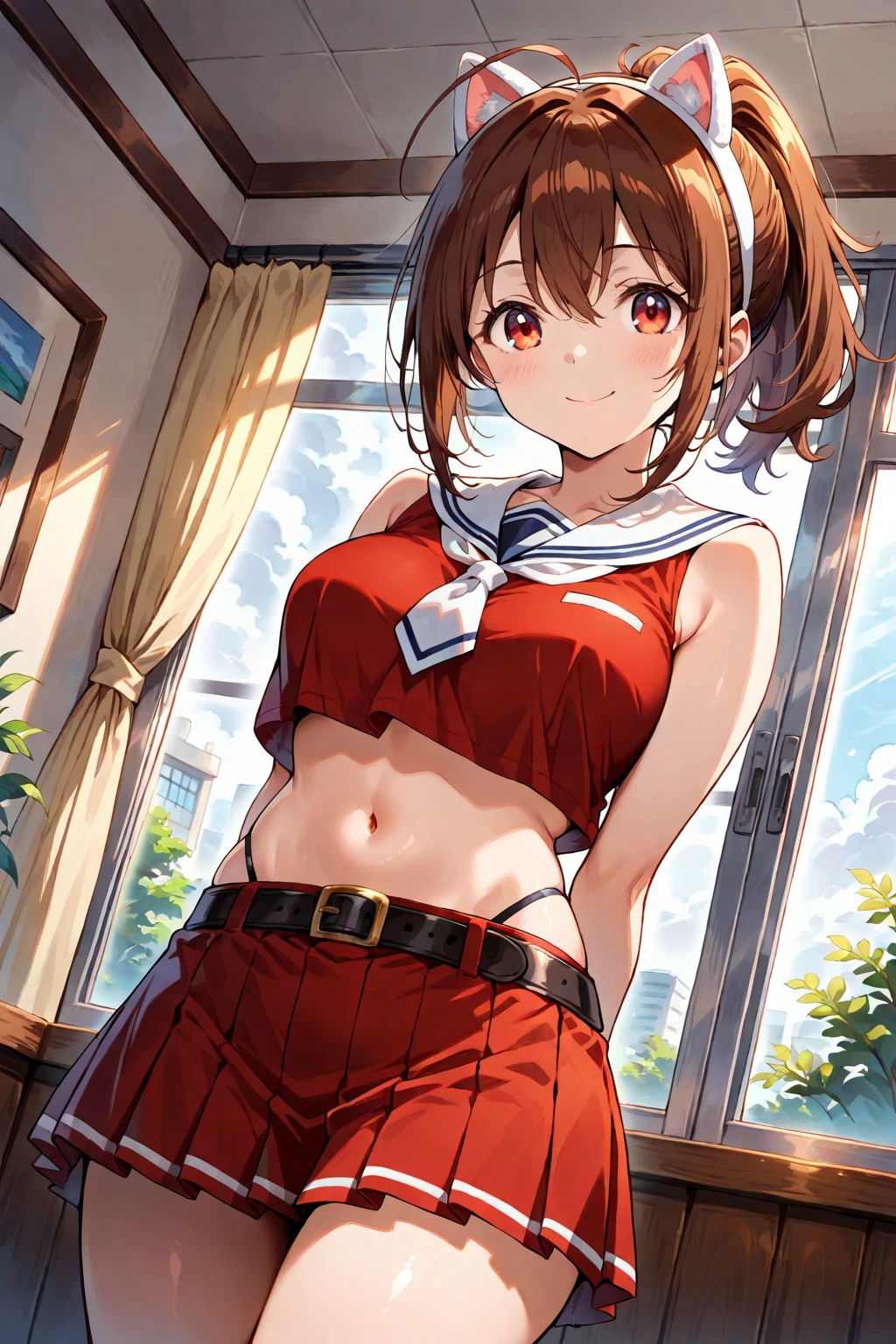 ((Brown hair)),((Braided shorthair)),(With black eyes))),(With bangs)),Slight red tide,(Pajama long sleeve cardigan clothes with lots of frills),(Hair band made of fluffy material),((all red, A black,Viola)),(Colorful, Cute tank top),(Marble pattern),(The chest is boldly opened and the cleavage is glimpsed),(fairy tale cute platform sneakers),((Colorful and pop world view)),(((The body shape is slender))),((jumpy)),(Navel Bow Style),(Smiling smile),(close up of face)((Sleeveless Nightgown)),((Shorts made of soft and voluminous sweat material)),(room style),((Perspective from below)),