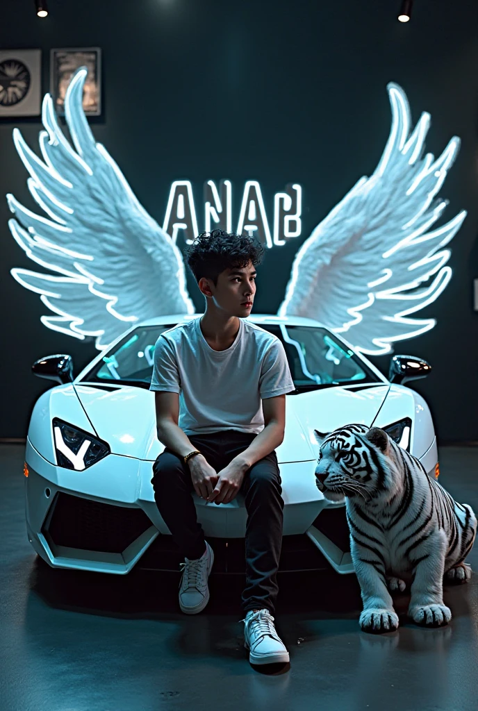 Create a 3D illusion for a profile picture where a 2 smart boy in a sunglasses white and black dress Sitting on a Lamborghini. With a White neon light cars Keys on hand. And a ferocious White neon light black Tiger by my side. Wearing sneakers, he looks ahead. The background features “FAHEEM” in big bikes room and capital White neon light fonts on the black wall. There should not be his shadow, and there are wings to make it appear as if he is an angel