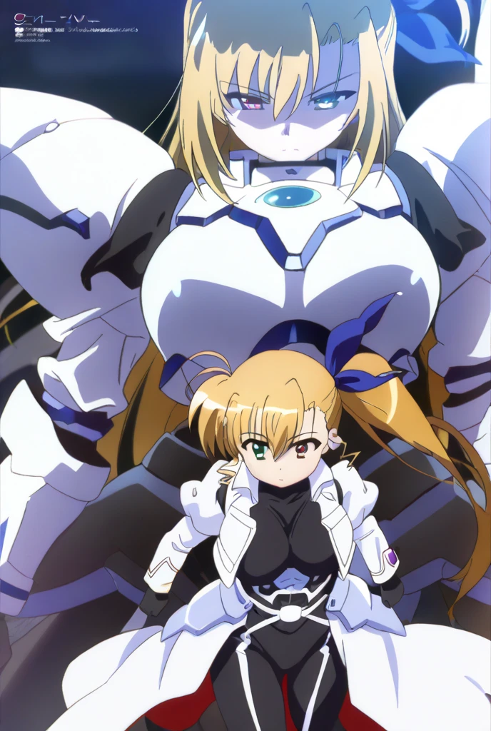 1girl, blond hair, blue eyes, wearing a white leotard over it she has a mecha style exoskelleton that covers her arms and legs