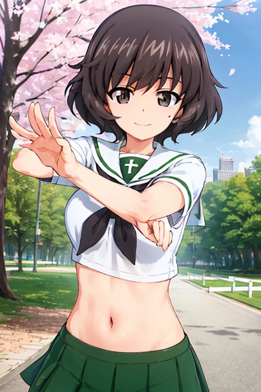 one girl、brown skin、dark skin、black people、tanned skin、Maschalagnia、Showing your armpits to the viewer、raising both arms up、Japan countryside background、Detailed axillary wrinkles、sweaty、armpit sweat、A lot of sweat is flowing down my armpitidsummer、smile、Small fangs、double teeth, showing breast, nipple, exposed breast, flat chest