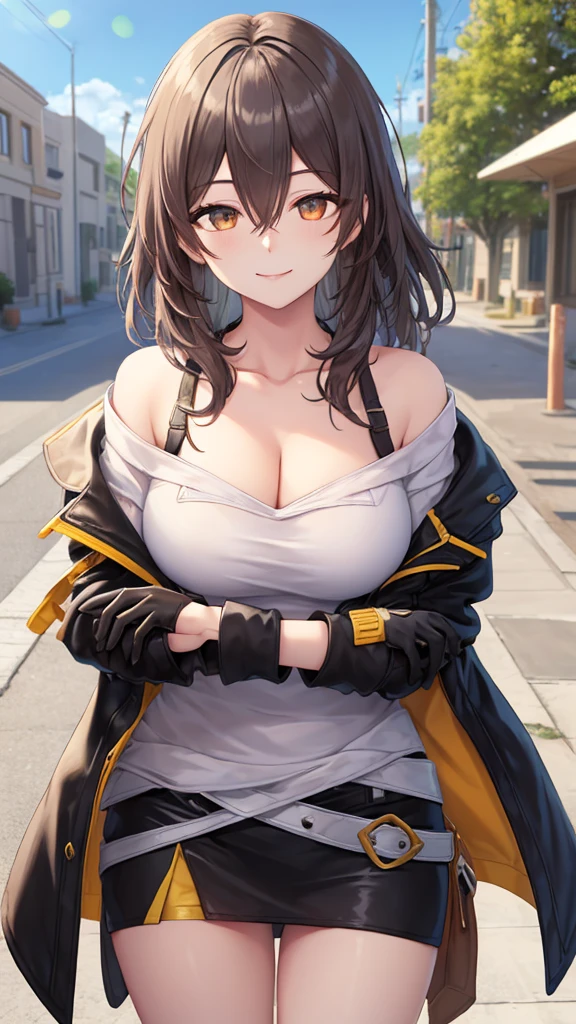 (best quality:1.5, highres, UHD, 4K, detailed lighting, shaders), brown ponytail, large breasts, open hoodie, camisole, shorts, cleavage, street background, (close shot, seductive pose, sexy), smiling