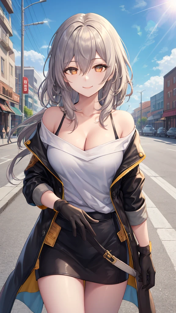 (photorealistic:1.4), (masterpiece, sidelighting, finely detailed beautiful eyes: 1.2), masterpiece*portrait, realistic, 3d face, Stelle \(honkai star rail\), 1girl, long black coat, white t-shirt, street, recycle bin, bangs, black gloves, black coat, (grey hair), yellow eyes, gloves, long hair, looking at viewer, medium breasts
