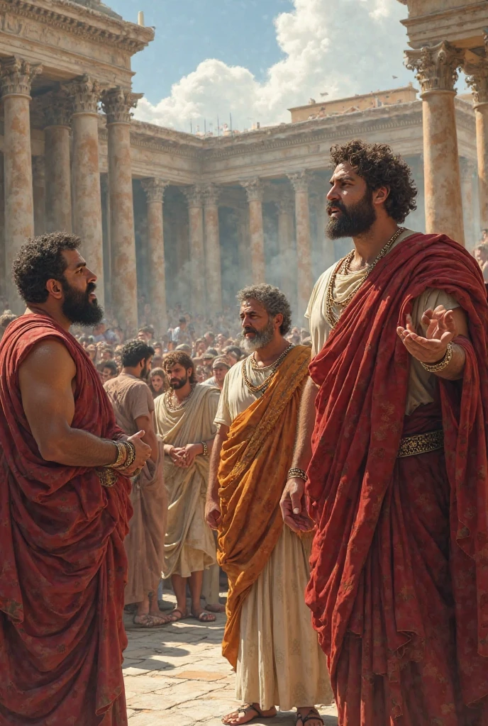In a grand Roman forum, the same male stoic philosopher is now depicted teaching or discussing Stoic virtues with a small group of engaged listeners. He is in a classic tunic with subtle shoulder openings, maintaining a seductive yet scholarly appearance. The setting includes the majestic Doric columns and the Forum's grandeur, bathed in golden light that creates a sense of enlightenment and calm. The philosopher gestures emphatically or points to a visual representation of the four Stoic virtues (wisdom, courage, justice, and temperance) on a nearby pedestal or scroll. The audience, although secondary, shows a mix of curiosity and admiration, reinforcing the philosopher’s role as a guide in understanding and applying Stoicism.