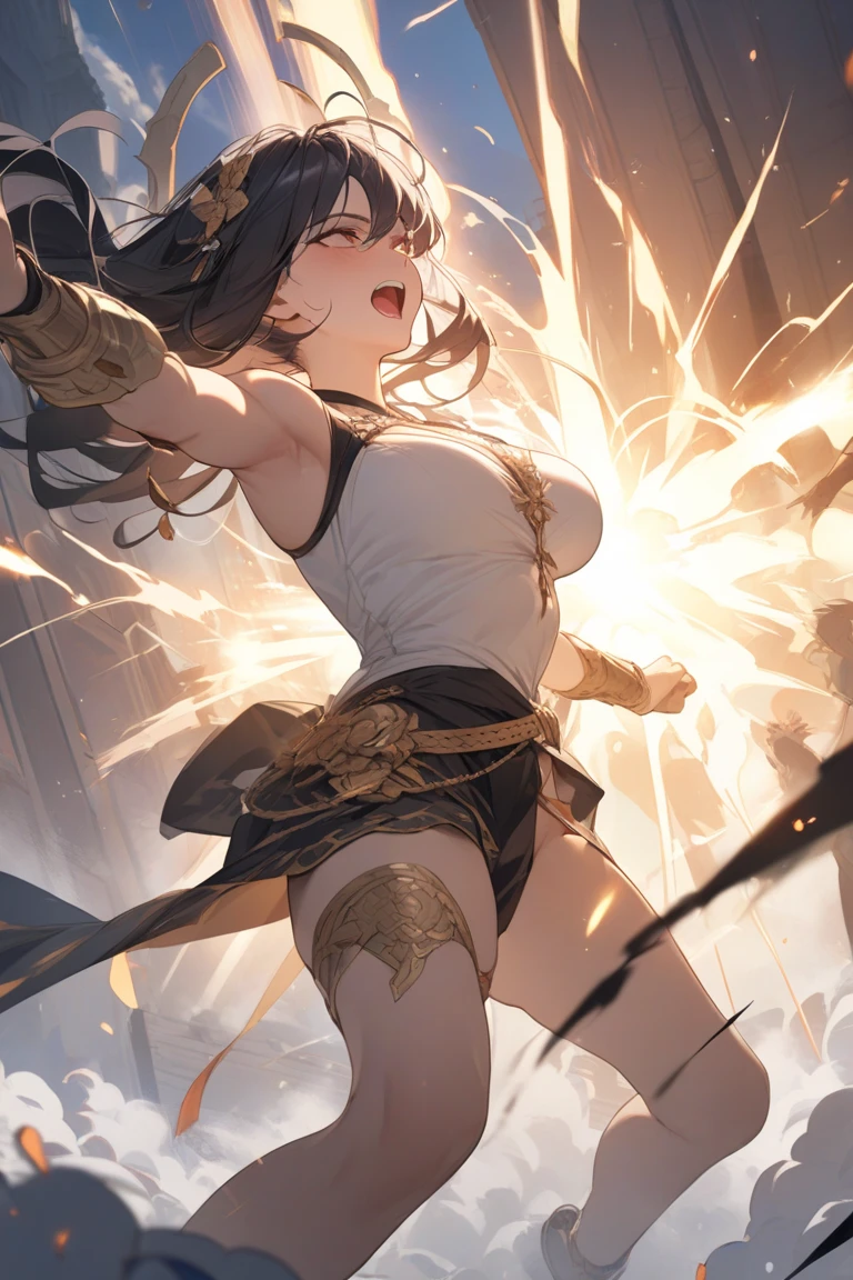 {{amazing quality, great quality, high quality, very aesthetic, aesthetic, best quality}}}}, 
realistic, photo, shadow, Three-dimensional, absurdres, Digital art, 
{{{{Magical girl}}}}, beautiful girl, one girl, 
black hair, long straight hair, hair, trimmed hair, shiny hair, blunt bangs, short sideburns, 
brown eyes, tareme, 
{{flat chest}}, {{small breasts}}, {{detailed body}}, slim thighs, thin thighs, {{{{{Princess Knight}}}}}, {{{{white full body tights}}}}}, {{{golden breastplatered}}}, {{{Visible chest}}}, {{gold chest armor}}, {{gold arm armor}}, {{gold leg armor}}, {{{{covered navel}}}}, {{{both shoulders expose}}}, heart-shaped choker on left arm, upper body, heart brooch, white headband, white circlet, distress, resistance, defeat, inferiority, sexual pleasure, troubled face, shy, orgasm, trembling, disheveled hair, torn clothes, wet clothes, melted clothes, damaged clothes, take off one's clothes, transparent clothes, groin, vagina, {{{{{紳士ハンド}}}}}, monster's hand floating in the air, Massaged by multiple monster's hand, Mangled by multiple monster's hand, multiple perverts, clothed sex, Intercrural legs, rape, bind, restrain the arms, restraining legs, attacking multiple monster, My chest is caressed by multiple monster, My crotch is caressed by multiple monster, My body is licked by multiple monster, My armpits are licked by multiple monster, My nipples are licked by multiple monster, My crotch is licked by multiple monster, closed eyes, 