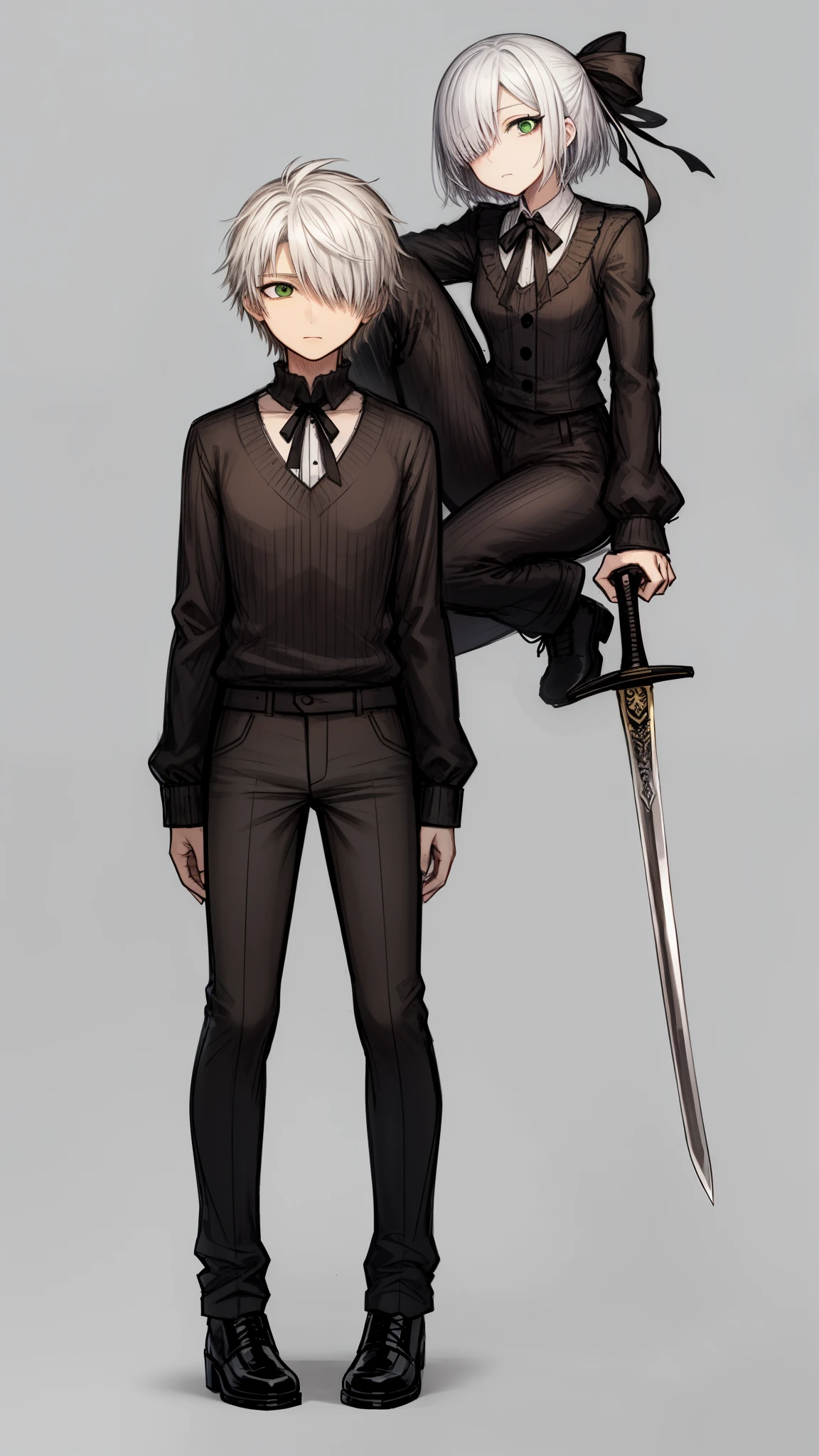 (Highest Quality), (Simple background), single, full body, 1boy, Droopy eyes, white hair ,hair over one eye, green eyes, diagonal bangs, short hair, Gothic fashion, pants, long black ribbon, sword