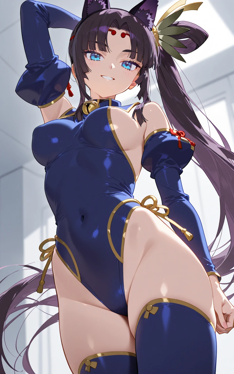 1girl, solo, 19years old, (medium breasts), ((cleavage)),
(blush:0.8), ((shy face)), happy, smile, cum, laughing,
(Depict from HIP to head) ,
Black Hair, Straight Hair, medium Long Hair, bangs, Hair between the eyes, Reduce hair volume,
Sparkling blue eyes, eyelashes, looking at viewer,
Close-fitting clothing, Wearing China dress, Side slits, (knee length China dress), Floral prints, (white g-string panty), Separate panties and clothes, ((let the hem of the dress to the side)), The front and back of the skirt are the same length,
A skirt that doesn't cling to the body, The front and back of the skirt are connected on one side. A woman has two legs.., Two arms, Five fingers, Two joints in the fingers, barefoot, Perfect leg length
Spread her legs very wide, (touch her hip)
(Bare her chest), (Bow-legged), (Mucus on thighs)