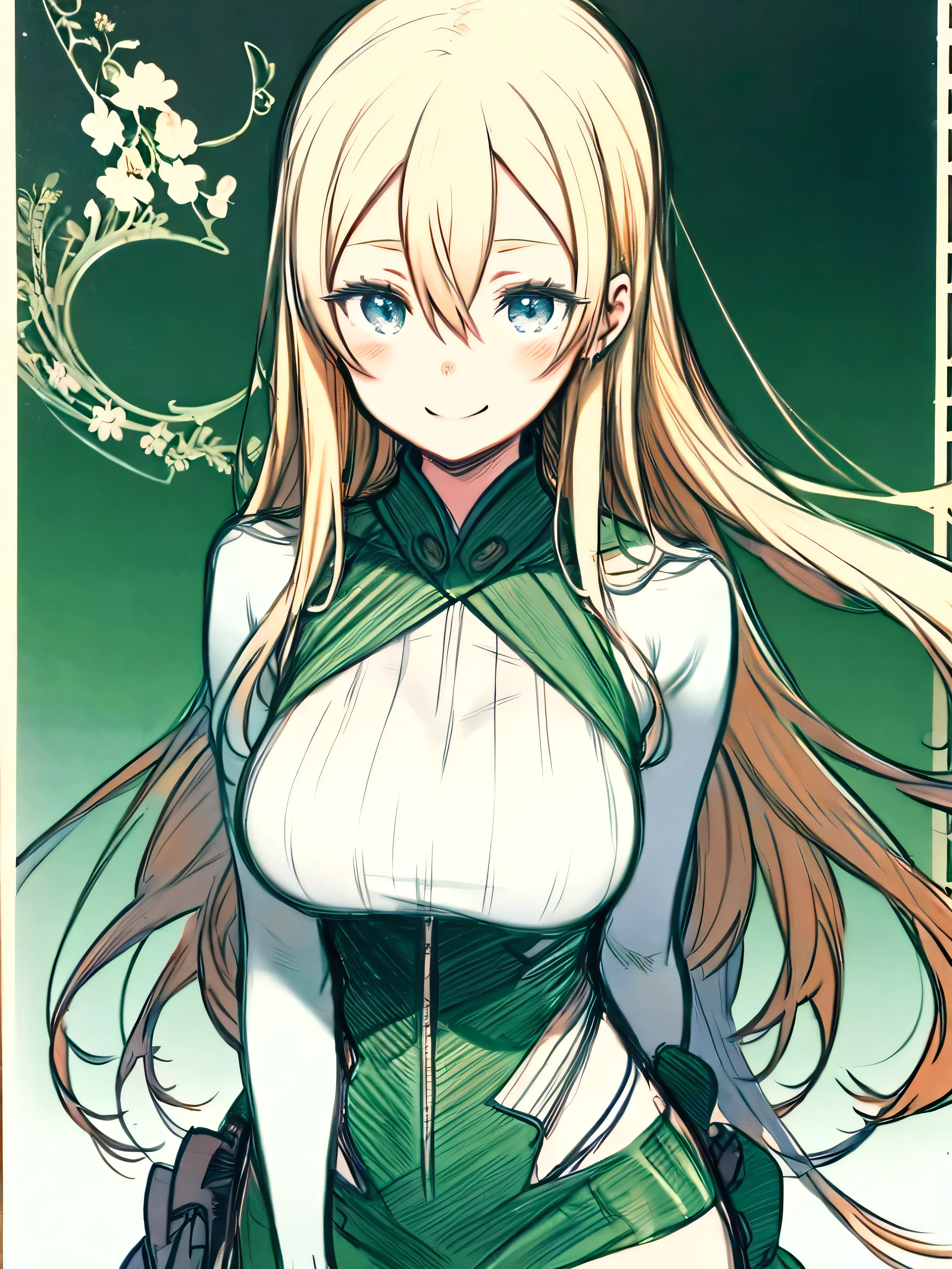 blond hair、blue eyes、Green clothes、moss green jacket、
