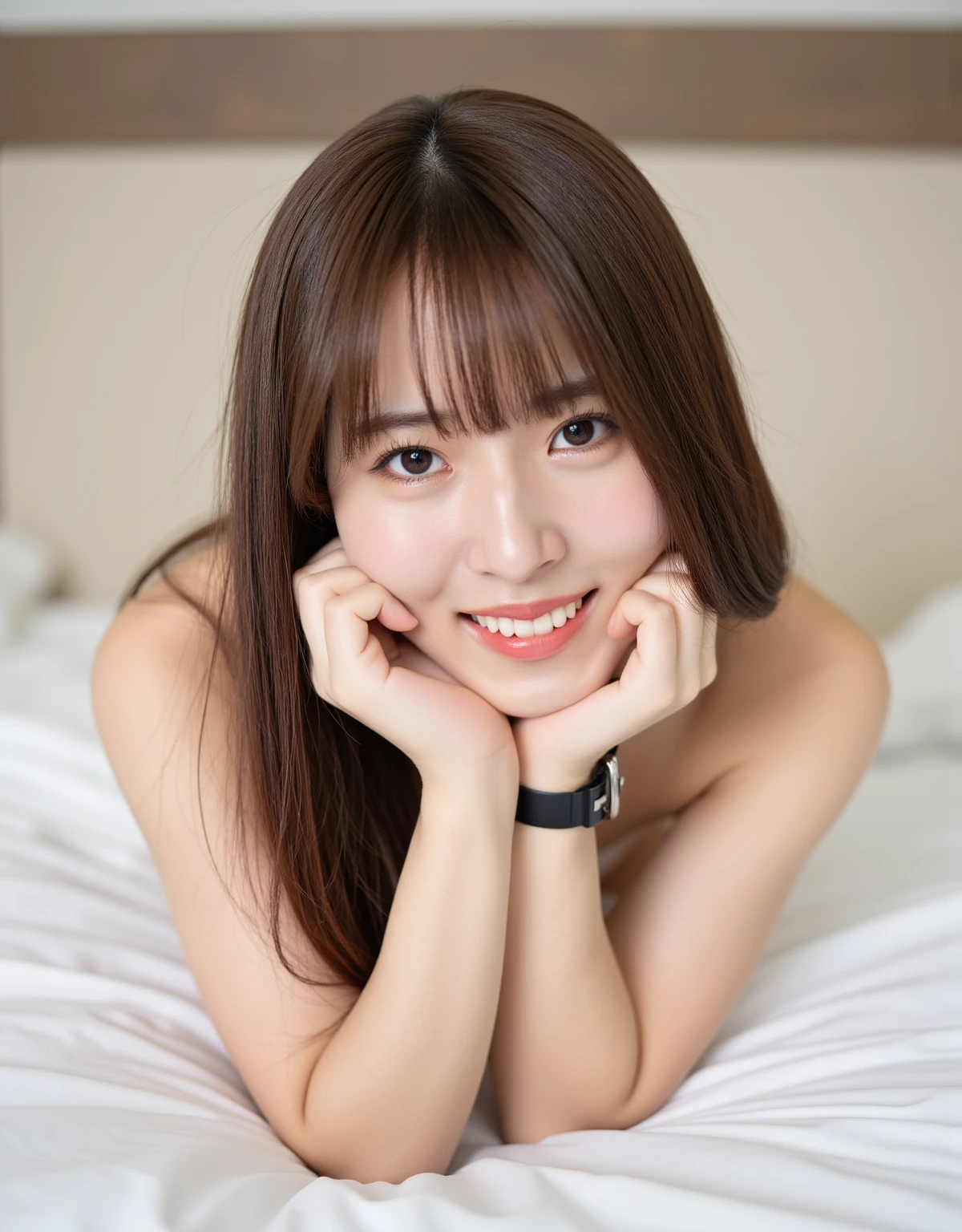 (8k、RAW photo、highest quality、masterpiece:1.2)、(realistic、Photoreal:1.37)、Super detailed、超A high resolution、1 girl、see the beholder、beautiful and detailed face、laughter、narrow、(slim waist) :1.3)、shortcut、Fine and beautiful skin、skin texture、floating hair、professional lighting、as a whole human body、brown hair、perfect body,(lie:1.3)