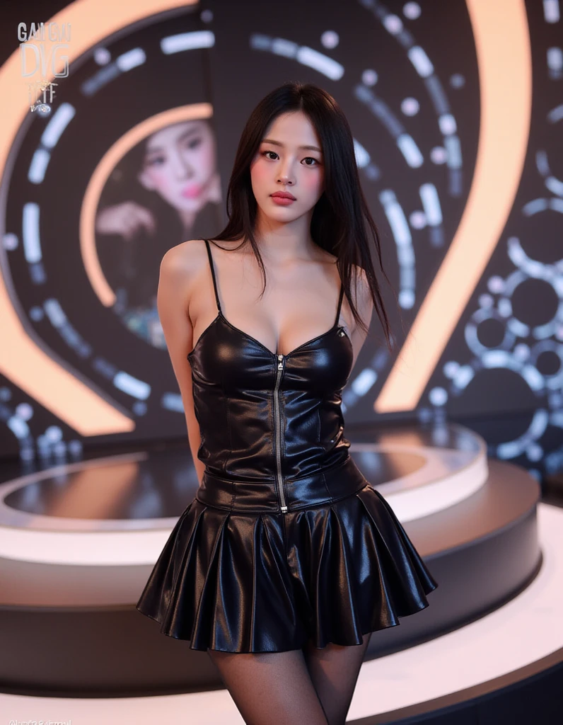 Ultra HD, Bewitching makeup face, Beautiful girl with enormous breasts, Pretty shiny skin, Shiny glitter tight mini skirt, Shiny glitter tops, Night club, neon lights, Standing