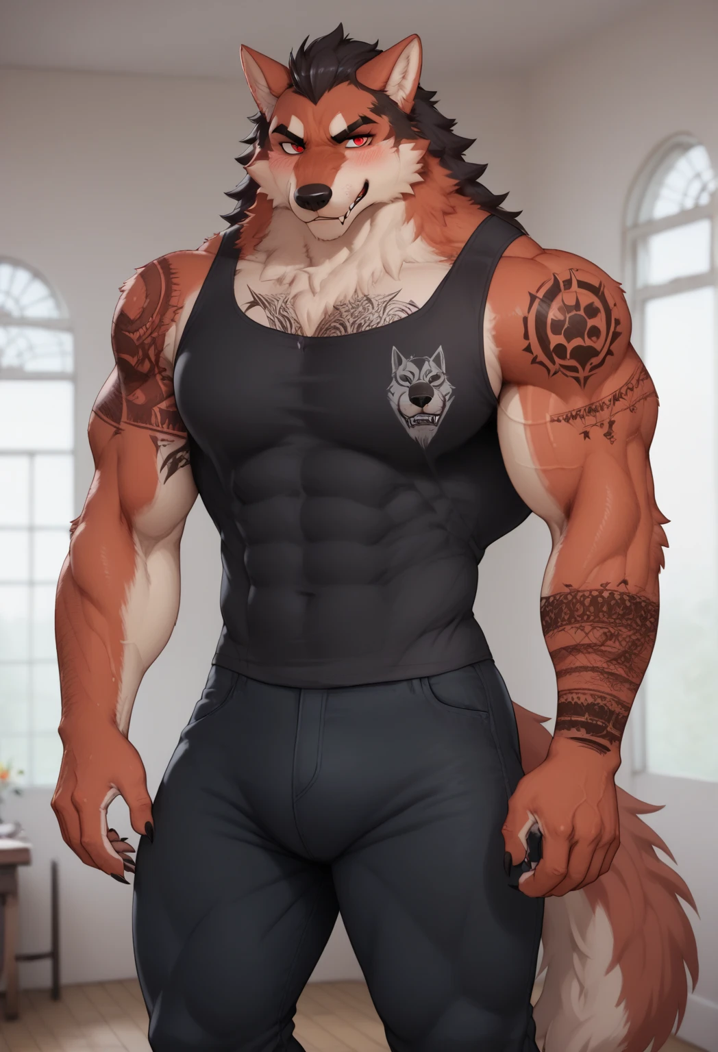 Male, solo, hyena, bedroom, standing, black dago tee, black shorts, muscular, 4k, 8k, detailed eyes