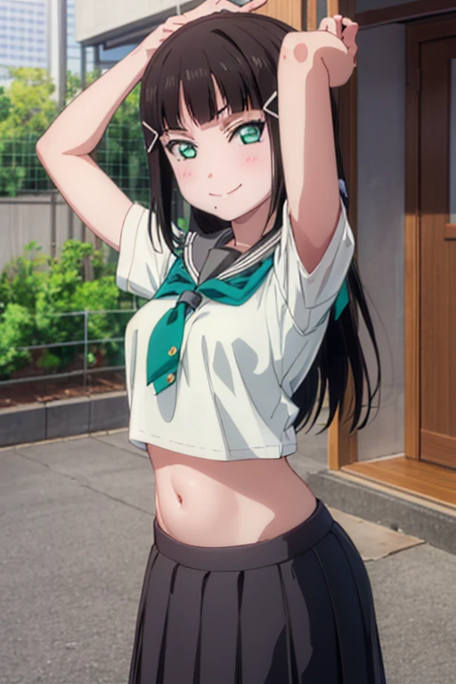 masterpiece, best quality, ultra-detailed, beautiful detailed eyes, extremely detailed eyes and face, 1girl, ShibaMiyuki, hair ornament, black t-shirt, green skirt, pleated skirt, ((medium breasts)), standing, looking at viewer, smiling, seductive smile, forest, day, sky, cloud, cowboy shot, full body, 