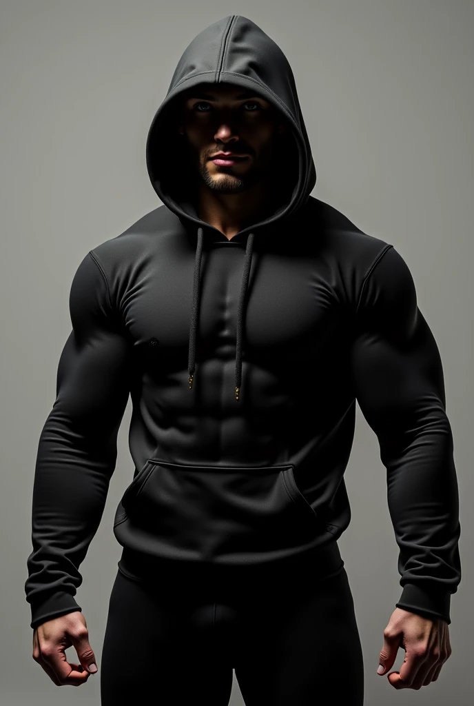 Hooded handsome man with tall tummy and sagging abs