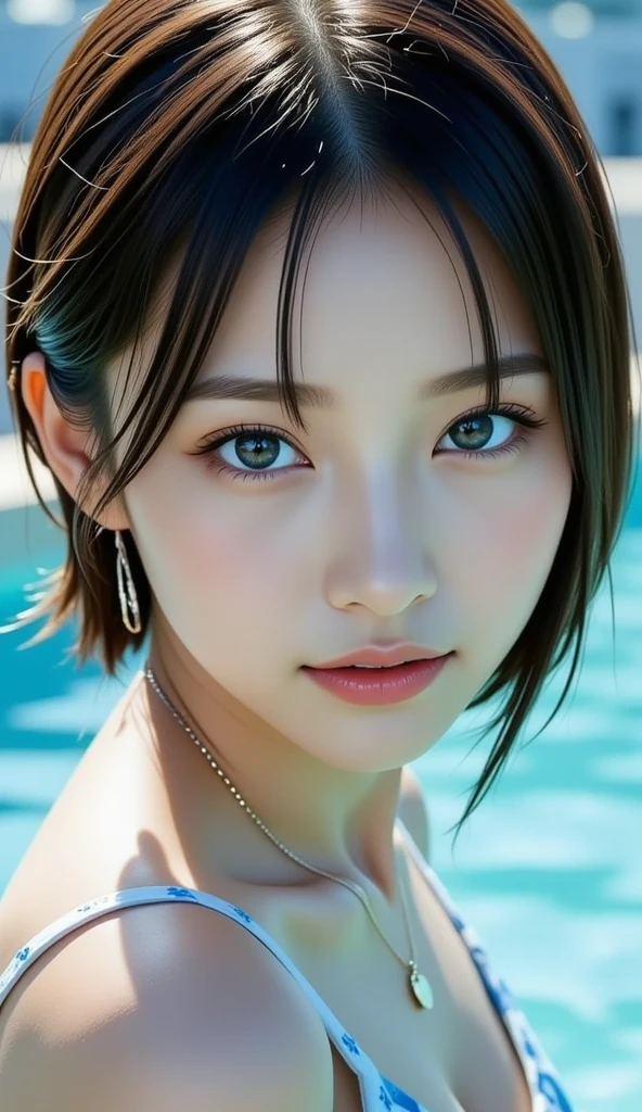 a beautiful young woman with short brown hair, beautiful detailed eyes, beautiful detailed lips, extremely detailed face and eyes, long eyelashes, sexy face, charming smile, looking at viewer, off shoulder sweter,jeans, giant aquarium with sharks, rays and sea bream swimming, best quality, 8k, high resolution, ultra-detailed, finely detailed, perfect dynamic composition, masterpiece, photorealistic, intricate details, cinematic lighting, vibrant colors