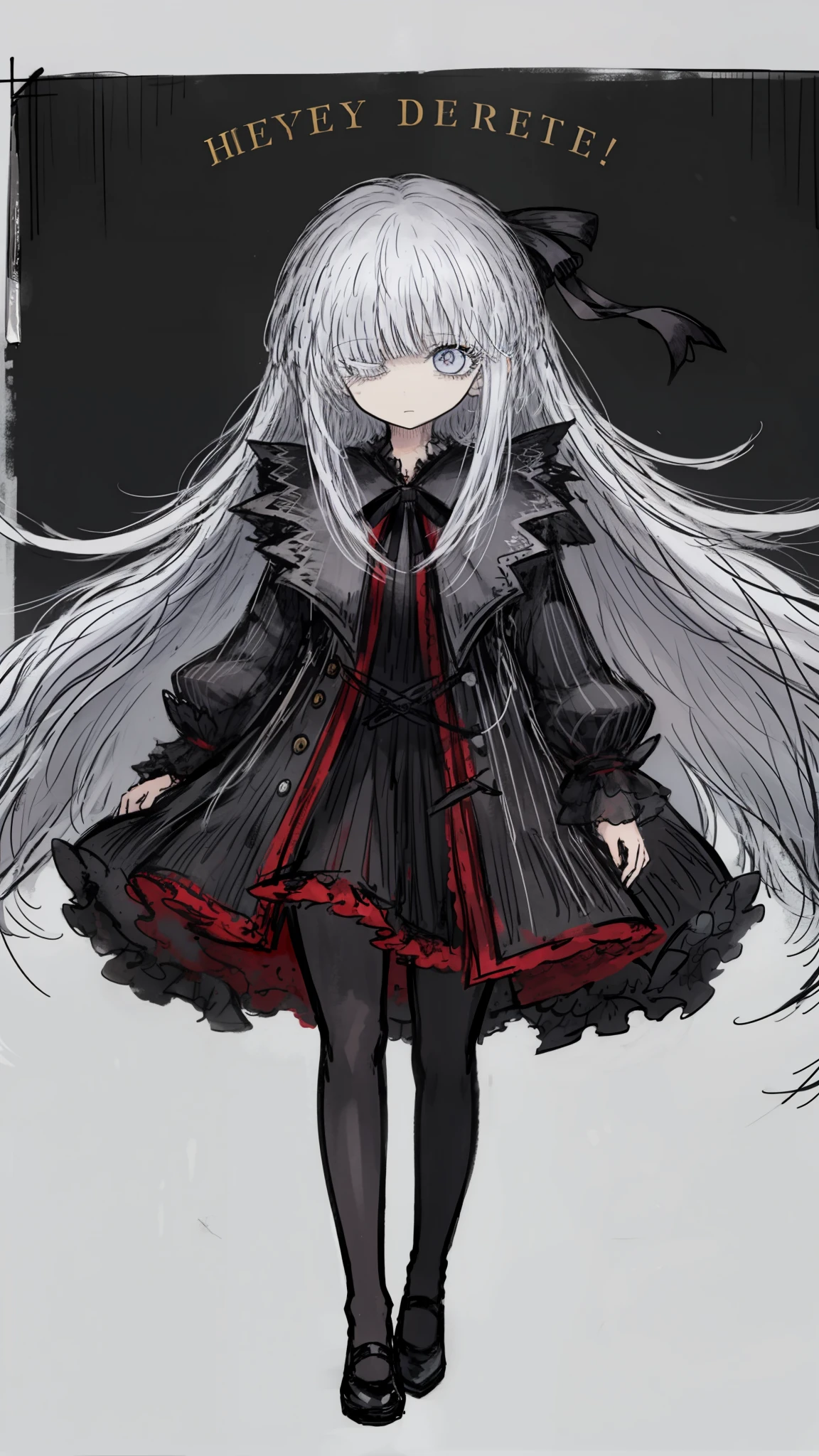 (Highest Quality), (Simple background), single, full body, 1boy, Droopy eyes, white hair ,hair over one eye, diagonal bangs, long hair, Gothic fashion, long black ribbon, sword