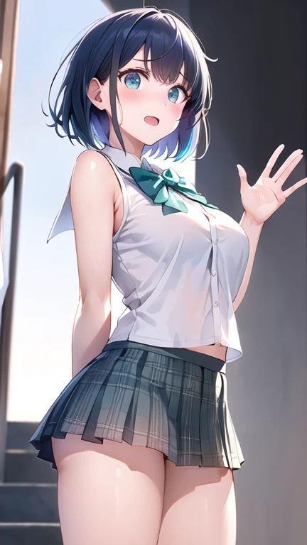 Masterpiece、最high quality、high quality、High definition、High resolution、High detail、Lens flare、Ray tracing method、high qualityの質感、high qualityの影、Beautiful details、Detailed and delicate、Detailed texture、Realistic facial expression、Realistic and colorful、Delicate、Cinematic Light、Side light、Sharp Focus、(1 woman:1.3)、(Intricate details、Makeup、Pure Eros Face_v1:0.5)、(Details Beautiful delicate face、Detailed beautiful delicate eyes、Perfect Facial Proportions、Detailed skin、Charm)、fancy hairstyles、Beautiful bangs、(Two-tone gradient hair color)、slender、(Upturned beautiful breasts)、Raise your arm and make a peace sign、Detailed crotch、Female juice、(Experiencing the best orgasm)、Light-colored V-cut、Light-colored thong、Thigh mini skirt、Low-rise mini skirt、Front-button short-sleeve shirt、Crop top、Low-angle composition
