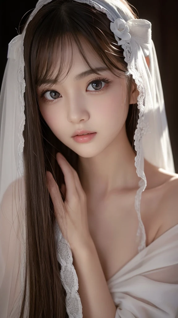 Nikon Z 85mm, ((highest quality)) ((masterpiece)), intricate details, sharp focus, professional, photorealistic, surrealistic, photorealism, fine detail, top quality, highly detailed CG Unity 32k wallpaper, perfect artwork, shiny hair, glowing eyes, shiny skin, realistic, perfect female figure, constricted waist, Very delicate and beautiful, best quality, beautiful detailed girl, staring at the viewer, smile: 1.4, beautiful fine eyes, face lights, see-through, long white wedding dress, wedding ring on ring finger, realistic expression of face, intricate details, makeup, perfect proportions (detailed beautiful delicate face, detailed beautiful delicate eyes, face) perfect proportions, detailed skin, detailed skin, standing figure, best ratio 4 fingers and 1 thumb, chapel: 1.4,