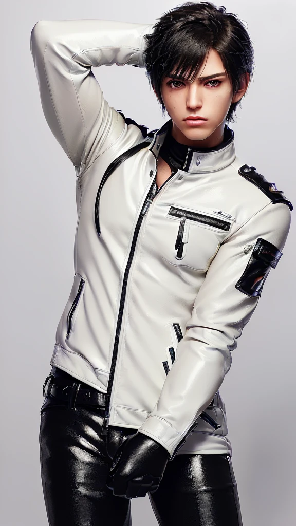Final fantasy taste and reality graphics, Japanese young cute and cool ikemen  boy, his age is early 20s, thin eyebrows and beady eyes,  he wearing off white color leather thick singlebrest biker jacket, with epaulet,  jacket front is zipped up, jacket is biker style, , jacket collar is high length stand-up collar with belts, jacket is a little black line pattern,close the front of the jacket, also wearing black thick turtleneck lackluster shirts,  tight black leather pants, shiny black leather tight and thin glove, black leather knee-high raceup boots,must views  head-to-toe,must views whole body, boy looks like fashion model,Do not show skin from the neck down,leather jacket leather glove and leather pants have few wrinkles,boy in the room,