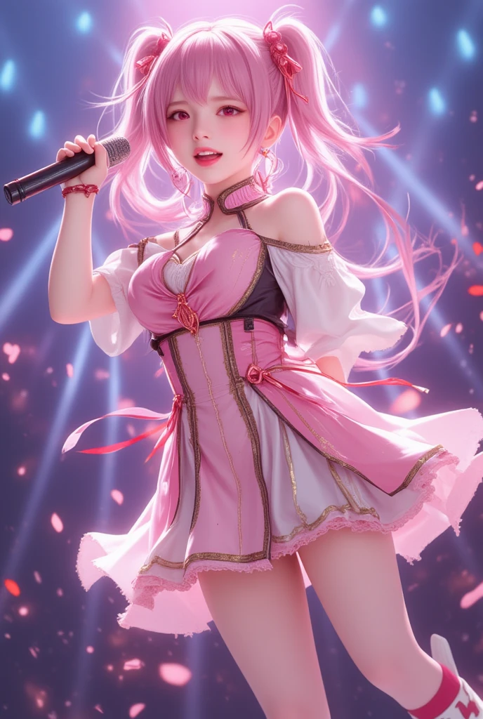 Otori emu, pink hair, left eye wink, white dress with blue details, singing on stage, red lips, bright pink eyes, white gloves, pink choker