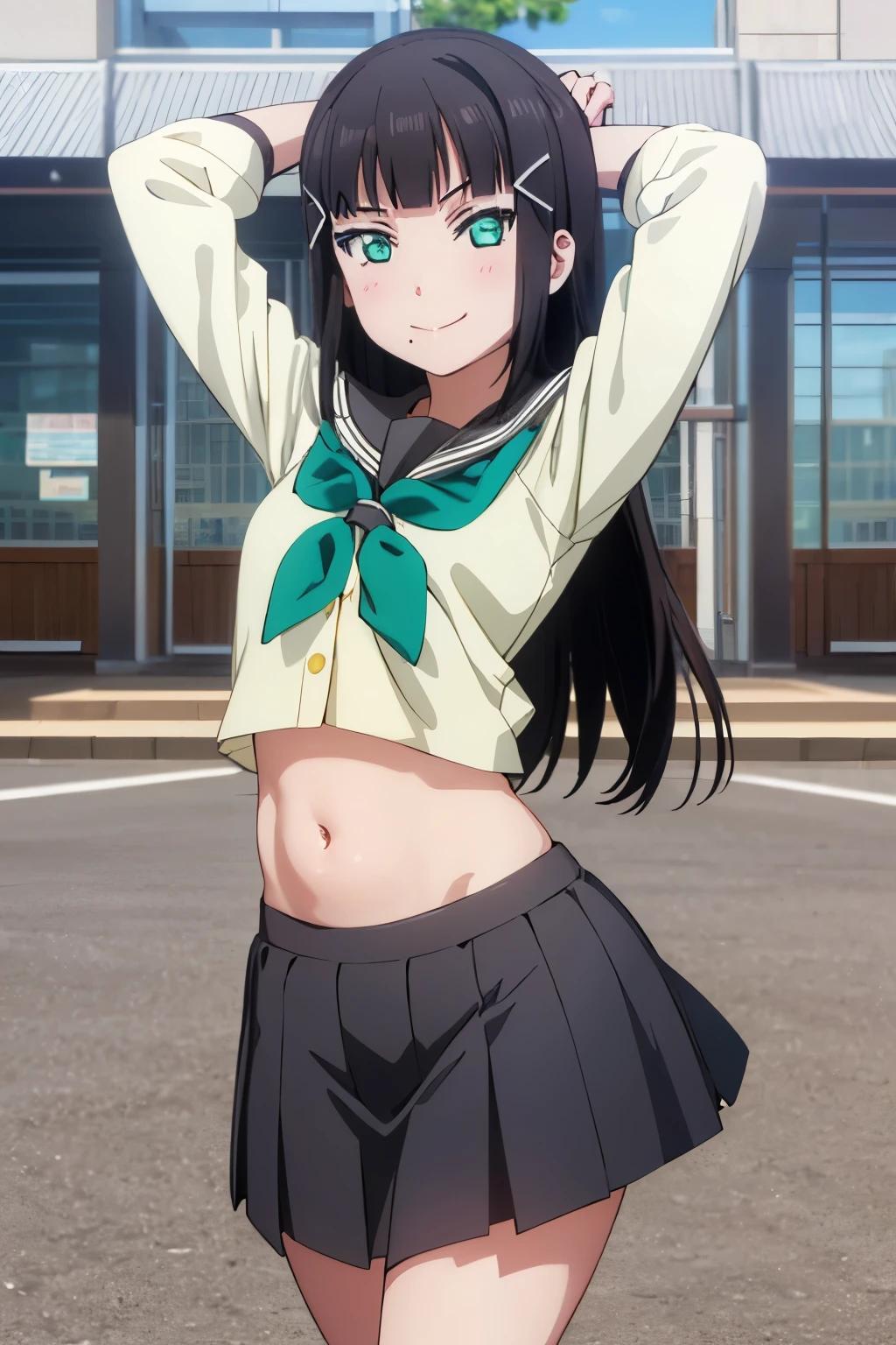 (((pixel-perfect, detail-perfect))), solo, 1girl, dia kurosawa, uranohoshi school uniform, looking at viewer, shy smile, arms up, stretching, midriff peek, navel, belly, skirt sagging down