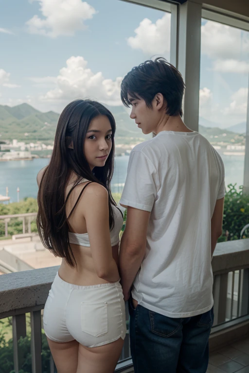 a 19 year old boy in shorts and a 19 year old girl in a short dress, standing with one hand touching the tips of the fingers, parados en un pasaje de atardecer, chica pelo corto rubio hermosa, grandes pechos, ojos perfectos, una distancia entre ellos