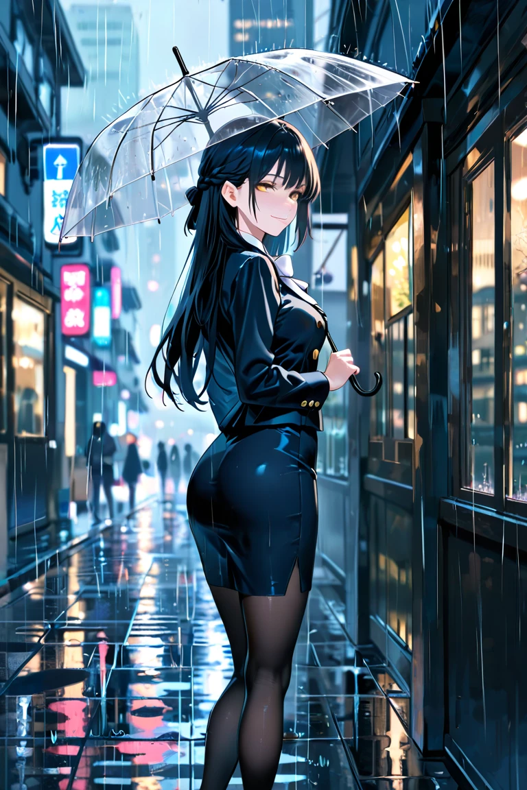 (masterpiece, best quality), 1girl, school uniform, (white panties), panties over pantyhose, from behind, wind, wind lifting skirt, skirt lift, upskirt, ful body, city street, walk, long hair, vibrant colors, volumetric lighting, night, dark, high contrast, best lighting, best shadows, dark theme