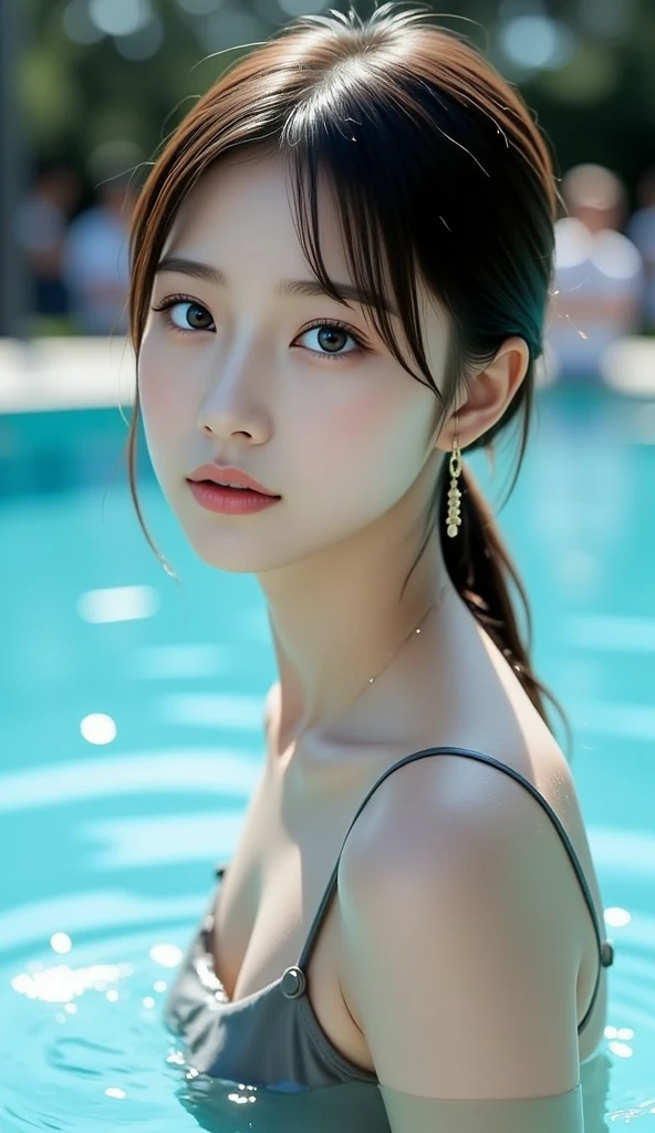 (yinchuan:1.5),, masterpiece, top-quality, Raw foto, Photorealsitic, large full breasts、beautiful and flawless face, Soft smile、20 years girl、Colossal tits、swimmning、swim wears、swimming pools、depth of fields, hight resolution, ultra-detailliert, finely detail, ighly detailed, extremely detailed eye and face, Sharp pupils,