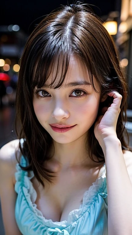 masterpiece、one beautiful woman、detailed face、detailed eye、fine skin、highest quality、Japanese、Shine bright light from the front、professional lighting、always look straight ahead、the background is a little blurry、24-years-old、in the background, There are many PC monitors lined up and the wiring is exposed...、Street lined with cyberpunk buildings、Wear rock or punk T-shirts、laughter、shortcut、band girl、