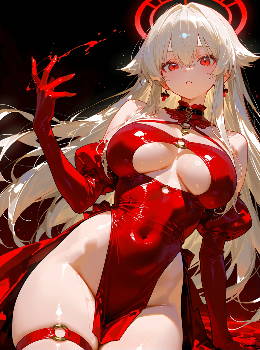 (high quality, 8k, 4K, high contrast, artwork:1.2, high quality, best aesthetics), ((1 woman)), erotic, sensual, mature body, super detailed, beautiful face detailed, detailed beautiful mouth, perfect breasts, wide thighs, sexy body, white hair, long white hair, straight white hair, red eyes, long eyelashes, serious expression, dominant, penetrating gaze, red lipstick, long dark red dress, neckline, blood wings, red halo, centered, standing erect, looking at the viewer.