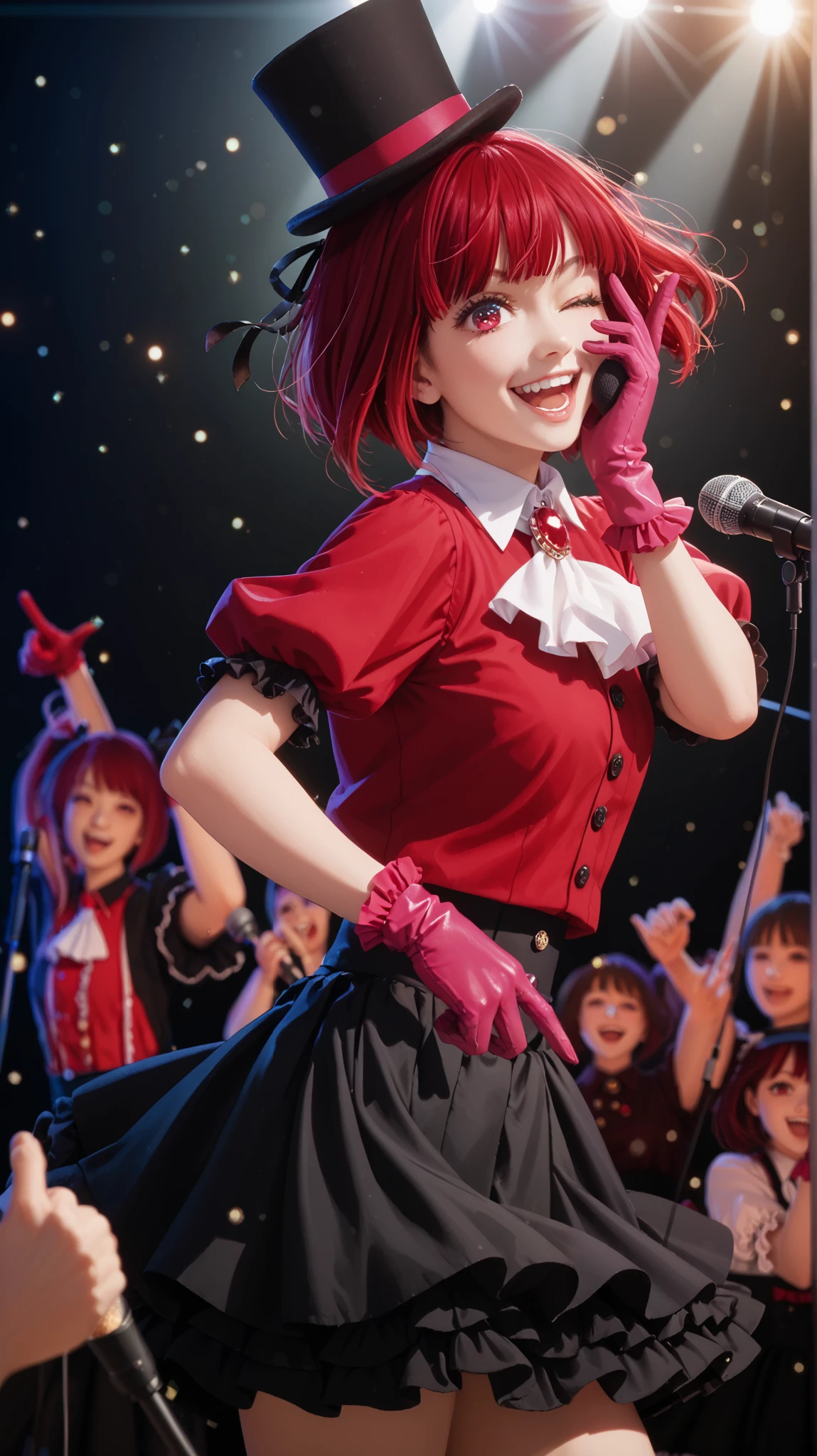 masterpiece, best quality, solo, 1girl, k4naidol, smile, open mouth, teeth, looking at viewer, standing, singing, holding microphone, pointing at viewer, short hair, red hair, bob cut, inverted bob, black headwear, mini top hat, hat ribbon, black ribbon, red eyes, one eye closed, idol clothes, frills, red shirt, collared shirt, white ascot, brooch, red gemstone, puffy short sleeves, frilled sleeves, pink gloves, black skirt, frilled skirt, concert, stage, spotlight, light particles

