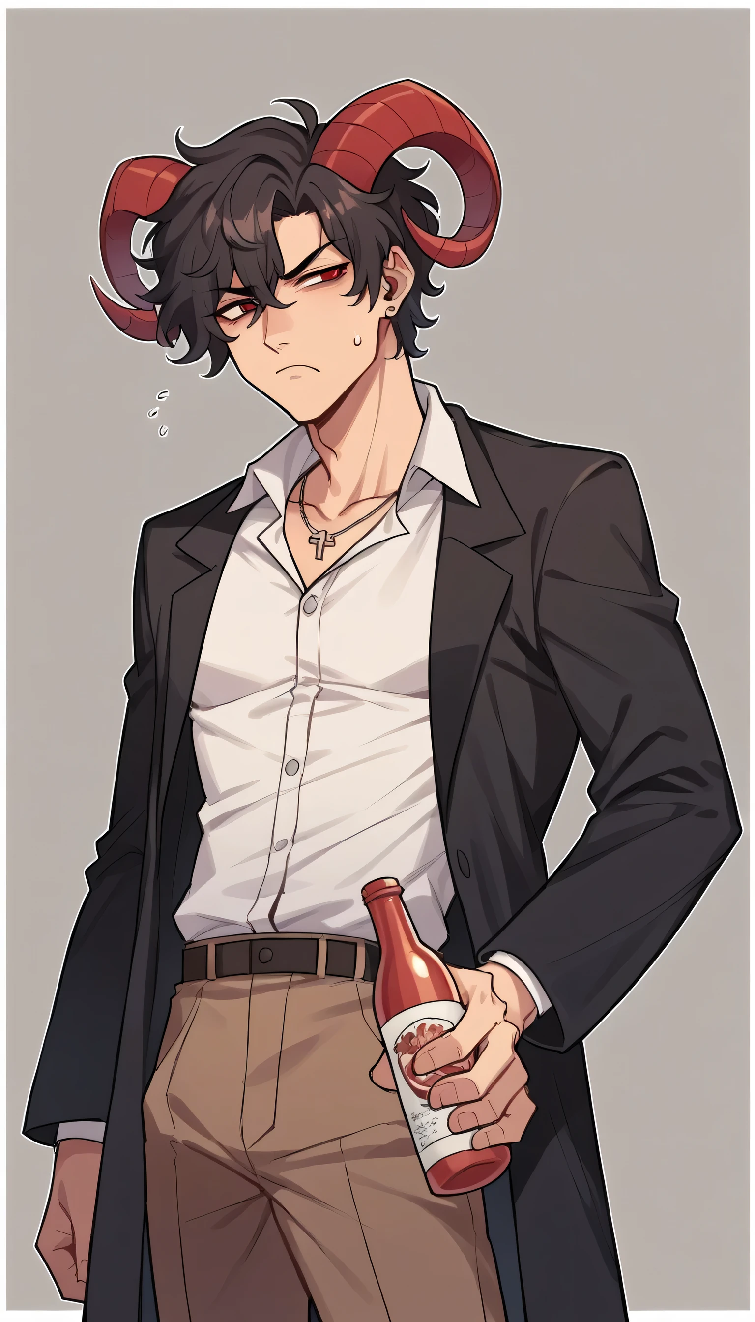 better quality, very detailed illustration , 1 boy, delgado, male body, strong jaw, broad shoulders , simple drawing, Artifyber style , pastel flat colors , red eyes, parted fluffy curly hair, side part in hair, ram demon horns, black trench coat, slightly unbuttoned white button up shirt, scowling, tired expression, necklace, brown pants, holding bottle