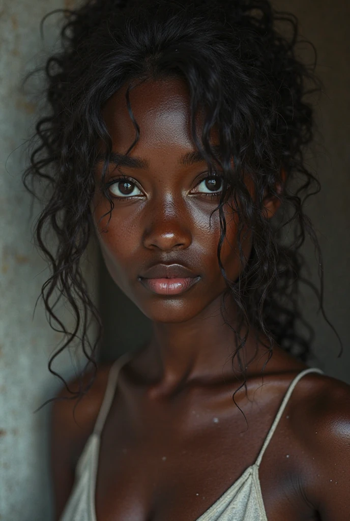 cute, Dark skin, ager, beautiful face, deep ebony, showing large breasts, completely sweaty, NSFW