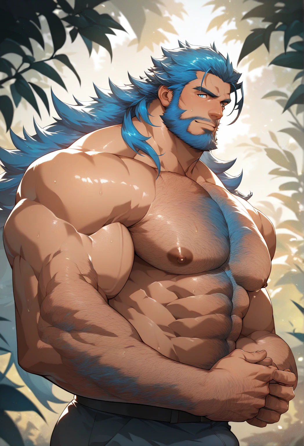 Sunlight，high resolution，4K，love，(((Half Body)))，masterpiece，high quality，Brave and bold，((Wolf))，male，((Strike a pose:1.3))，WolfFurry，(Middle-aged uncle)，hairy，((charming，Smiling Face，Long hair))，((peaceful，Ease))，((strong，thin long ears:1.2，Wolf尾巴:1.3，Crotch bulge:1.3))，(((Red and black sports shorts)))，(((Green ears，Dark blue head，dark blue back，Dark blue hands，White breast，White belly，Blue pupils)))，charming脸庞，AttentiontoDetail，Detailed body，Detailed hands