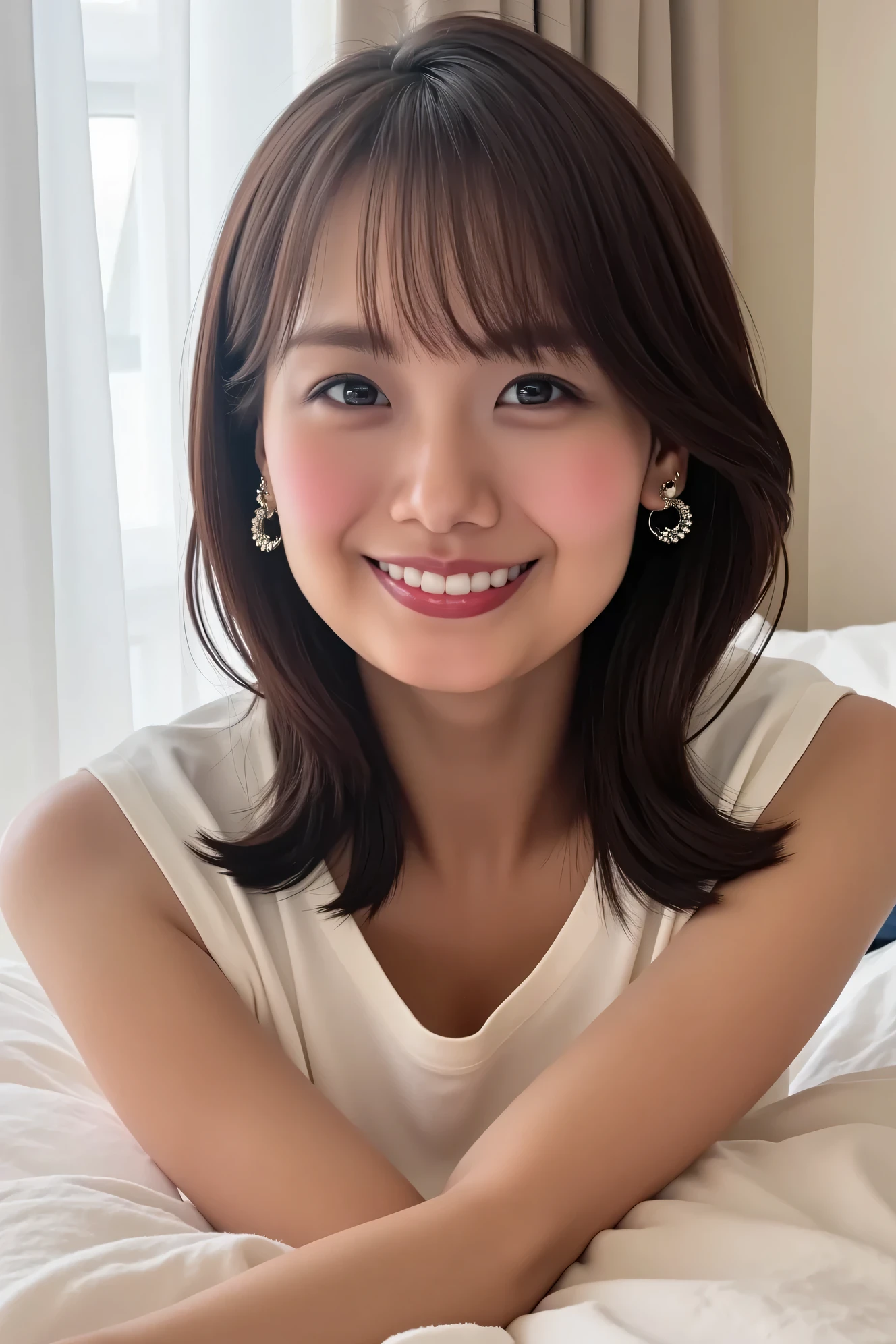 ((( High Resolution , top quality, very well detailed, masterpiece , highly detailed photos , realistic , Real people , Ultra precise skin ))) , , ( from the front ) , full body , Advance Shot , Viewer , ( giggle face ) , { wearing the sleeveless T-shirt and mini-skirt : 1.8 } , black hair , medium hair , medium breasts , { focus on the pubic area between the legs : 1.8 } , the dark hours of dawn , (( tuck hair behind the ear : 1.8)) , { nsfw , open legs ,squatting } , On the bed